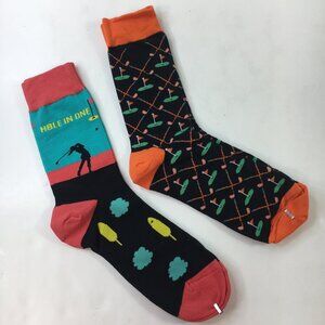 Mens Crew Socks Set 2 Golf Theme Flags "Hole In One" Black Pink Blue Yellow